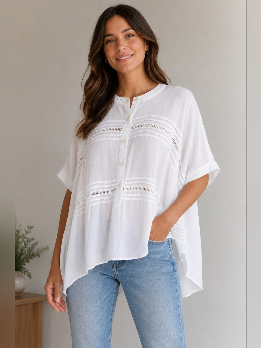 LOFT Women's White Blouse Ladder-Lace Button Front Tunic Top Pintuck Size XL